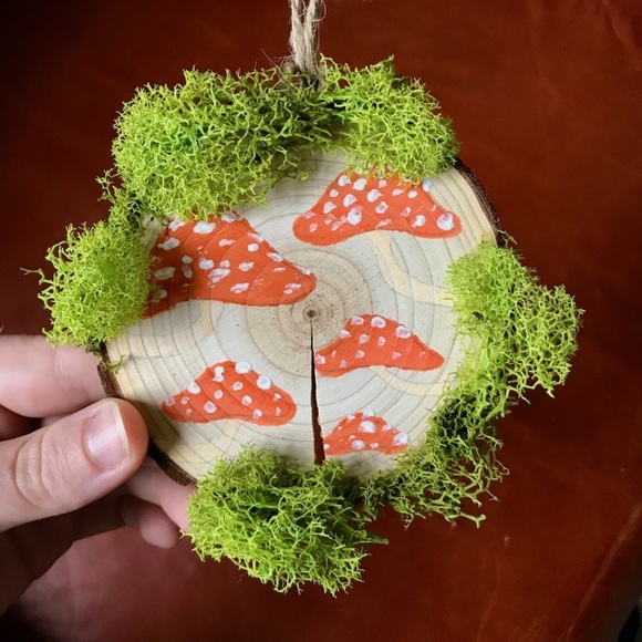 Hand Crafted Other - Small wooden hanging mushroom painting with moss
